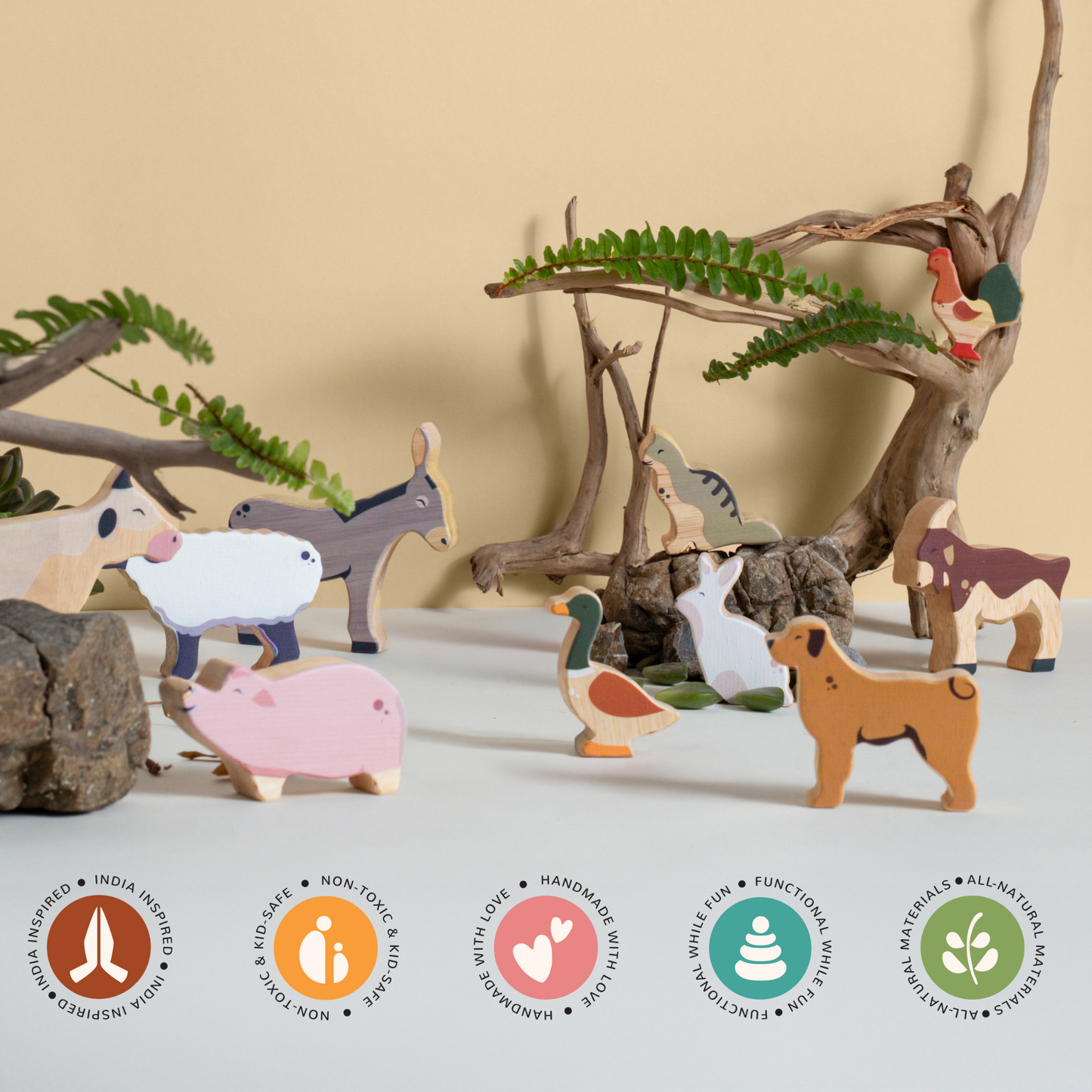 ONCE UPON A FARM - 10 Animals, 8 Peg Dolls, Play Mat & Story Booklet - GUBBACHHI