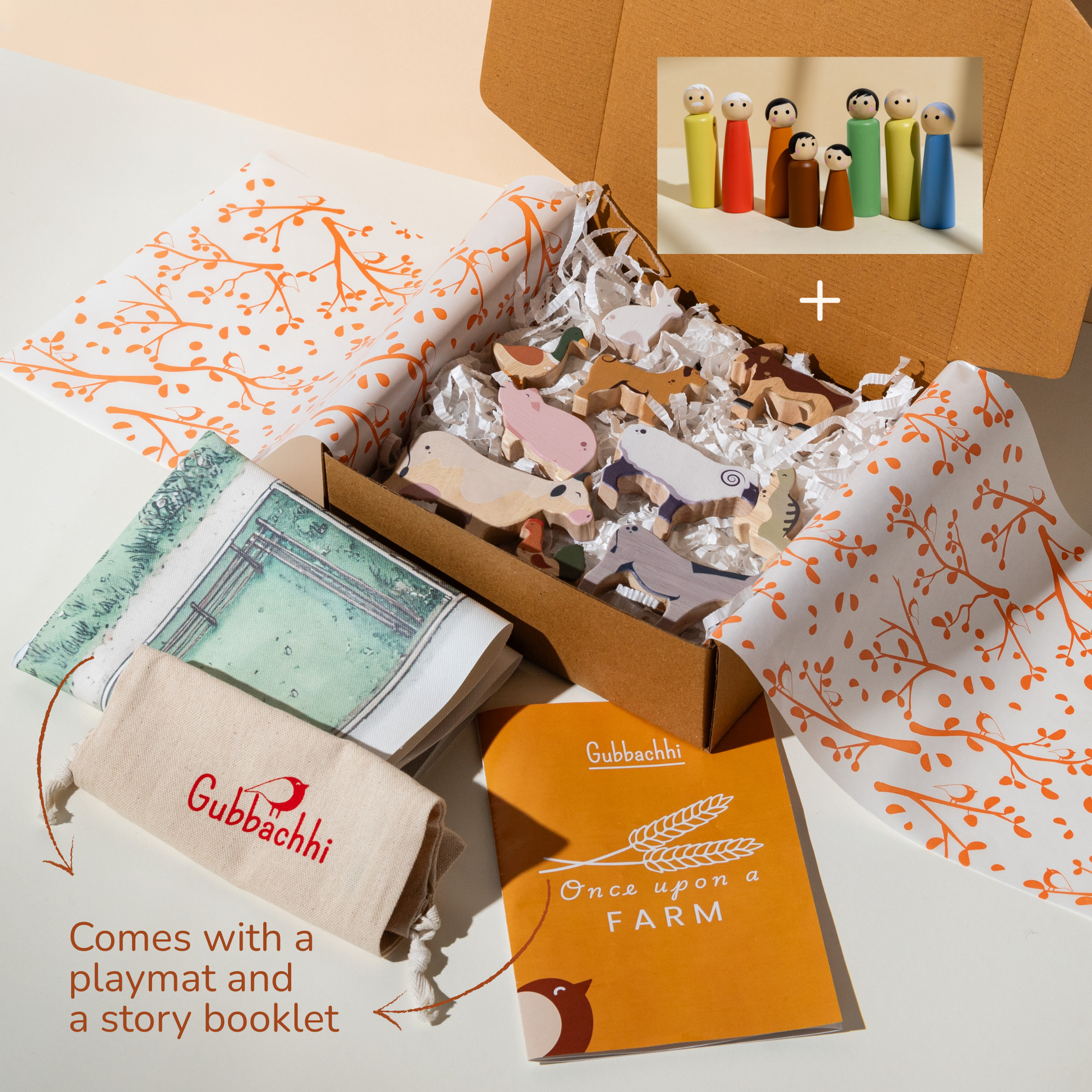 ONCE UPON A FARM - 10 Animals, 8 Peg Dolls, Play Mat & Story Booklet - GUBBACHHI