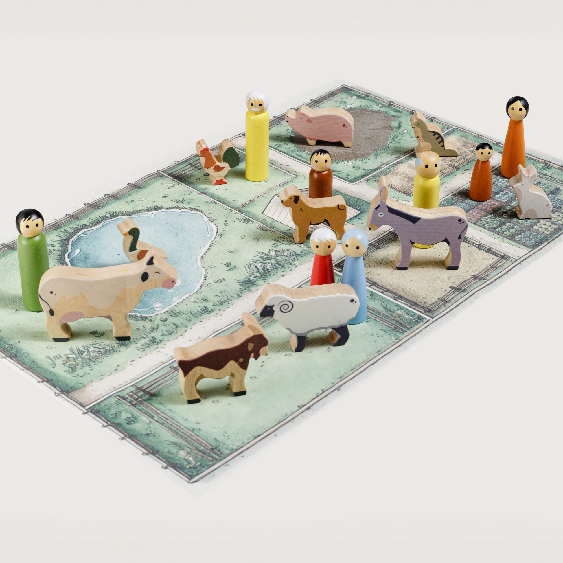 ONCE UPON A FARM - 10 Animals, 8 Peg Dolls, Play Mat & Story Booklet - GUBBACHHI