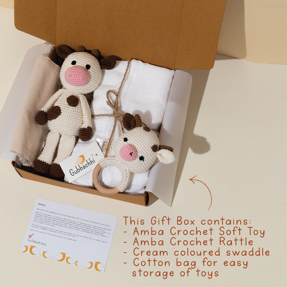 AMBA RATTLE & SOFT TOY WITH CREAM SWADDLE - GUBBACHHI
