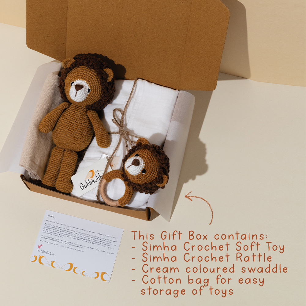 SIMHA RATTLE & SOFT TOY WITH CREAM SWADDLE - GUBBACHHI